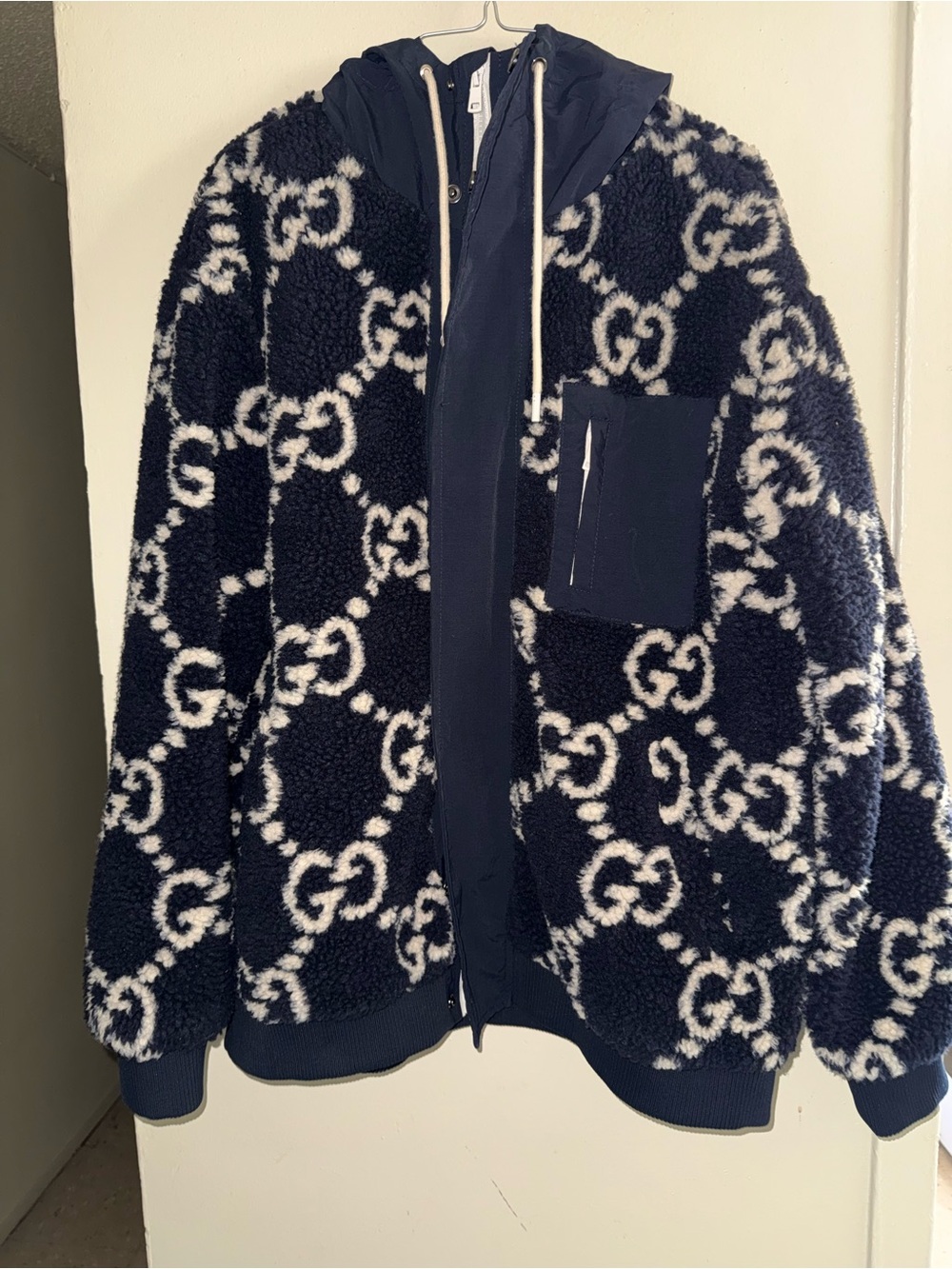 Gucci Navy & White GG Sherpa Hoodie Jacket